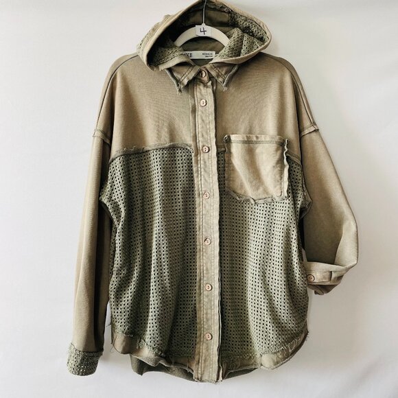 Buckle Womens Olive Green Long Sleeve Grunge Hooded Netting Shacket Jacket Sz M - Picture 1 of 8